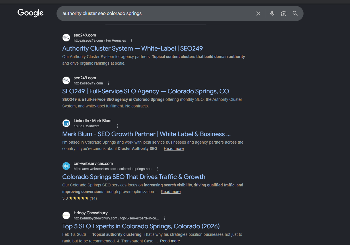 Google search results for 'authority cluster seo colorado springs' showing SEO249 occupying the top three organic positions